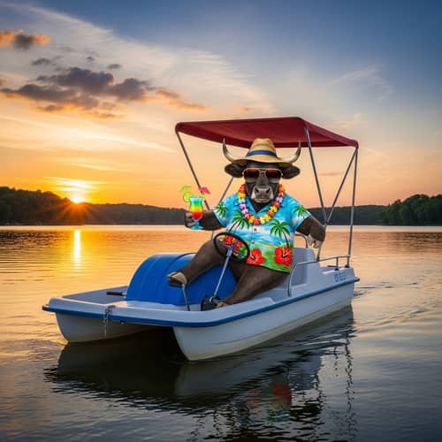 Bull Pedaling Paddle Boat with Hawaiian Shirt and Straw Hat