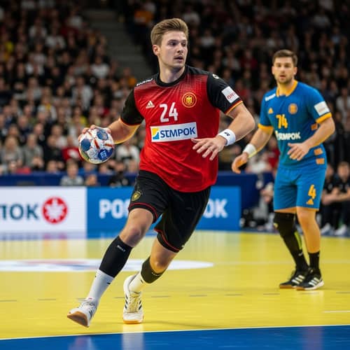 Intense German Handball Player in Black, Red, and Gold Jersey