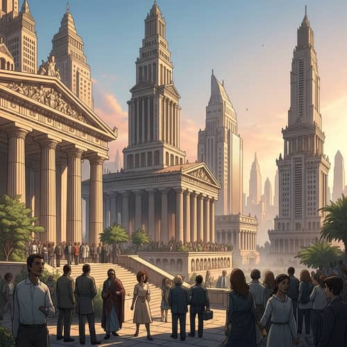 Monumental Ancient Temples in Cityscape Illustration