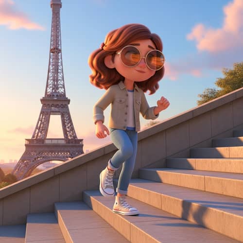 Pixar-Style Animation of Girl Descending Stairs with Eiffel Tower in Background