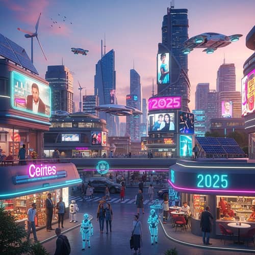 Futuristic Cityscape Vision 2025: Vibrant Urban Life