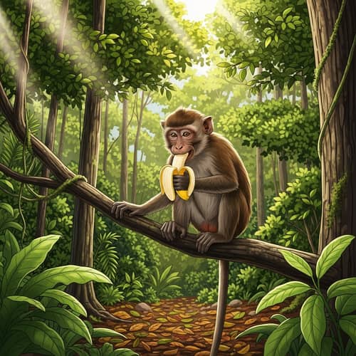 Detailed Digital Illustration of a Joyful Monkey in Natural Rainforest Habitat