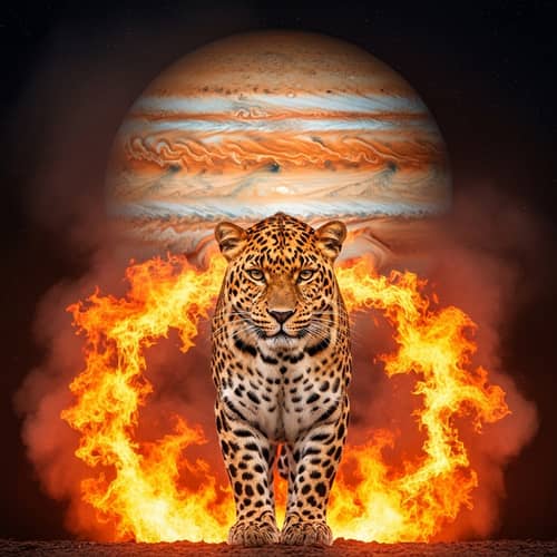 Leopard in Flames with Jupiter: Intense Scene of Power and Majesty