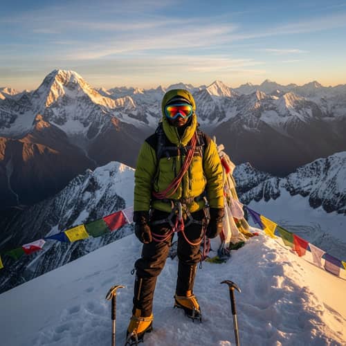 South Asian Male Mountaineer in Himalayas at Sunset | Adventure Gear
