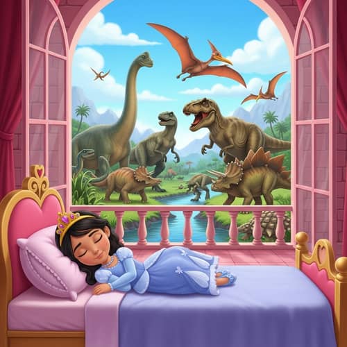 Cartoon Princess Dreaming of Dinosaurs in Pink Castle