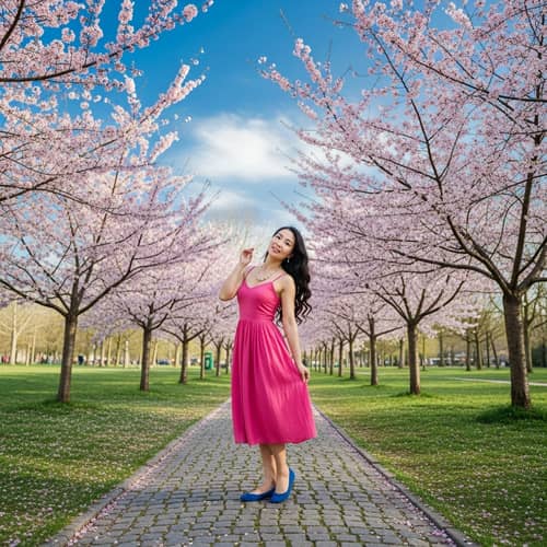 Hitomi Tanaka: Asian Woman in Pink Dress under Cherry Blossom Trees
