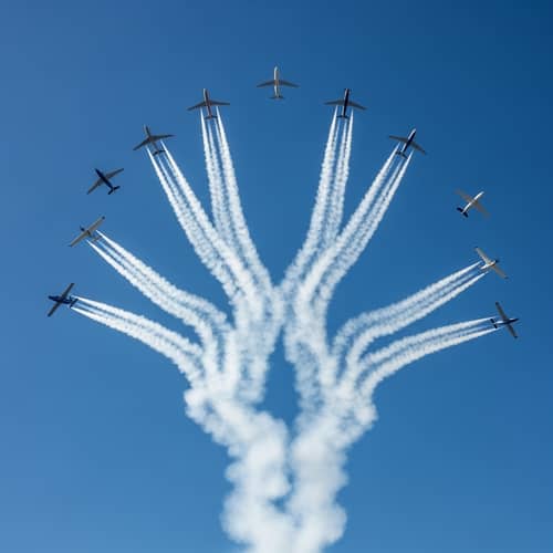 Intricate Patterns in the Sky: 8 Airplanes Creating Smoke Trails