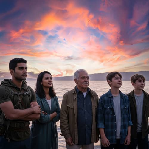 Serene Sunrise Gathering with Diverse Faces | Homer's Odyssey