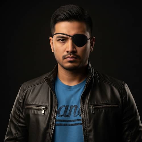 Confident Athletic South Asian Man with Eyepatch | Leather Jacket & T-shirt