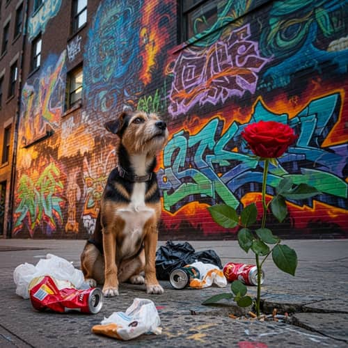 Urban Decay and Natural Beauty: Colorful Graffiti Cityscape with Dog and Rose