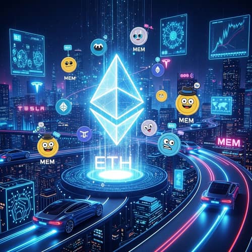 Cryptocurrency Tokens: MEM, Tesla, Ethereum Artwork