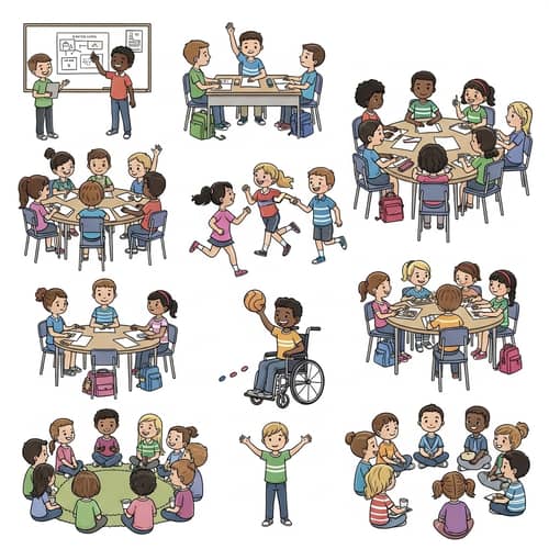 Diverse Group of Children from 2nd to 5th Grades in Educational and Daily Life Scenes