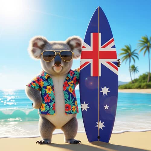 Cool Koala with Hawaiian Shirt and Sunglasses by Australian Flag Surfboard
