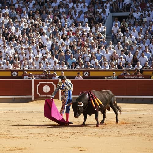 Traditional Bullfight Scene with Diverse Crowd: Tension in Bullring