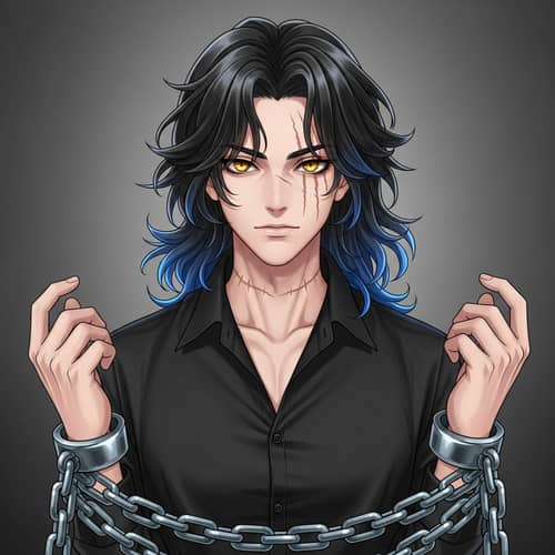Young Male Anime Character with Long Black and Blue Hair