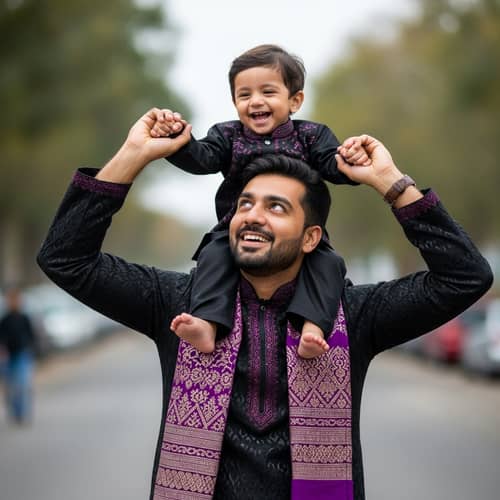 South Asian Boy Carrying Son in Black and Purple Outfits