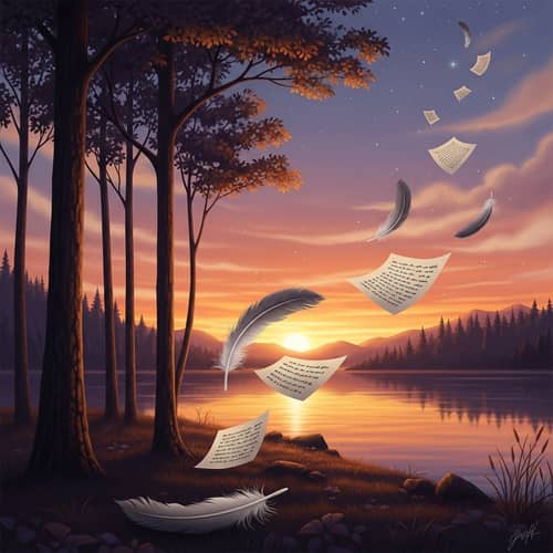 Tranquil Lake Sunset with Surreal Tree Forms and Feather Evolution