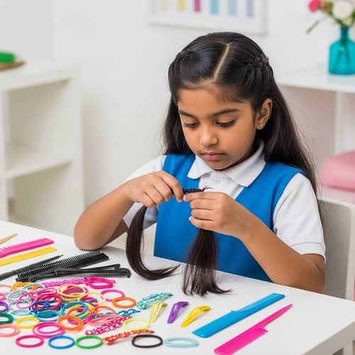 Young South Asian Girl Creating Intricate Hairstyles