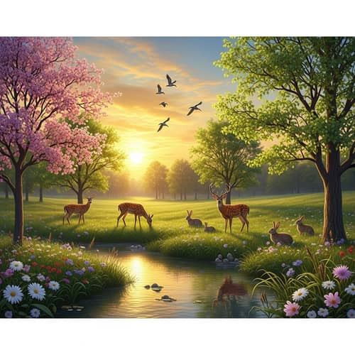 Tranquil Nature Scene with Trees, Birds, River & Wildlife