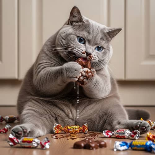 Chubby British Short-Haired Grey Cat Eating Chocolate Candies