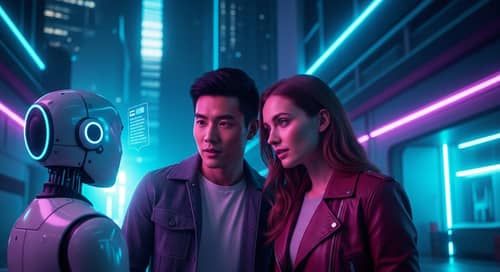 Futuristic Sci-Fi Chatbot Interaction in Cyberpunk Setting