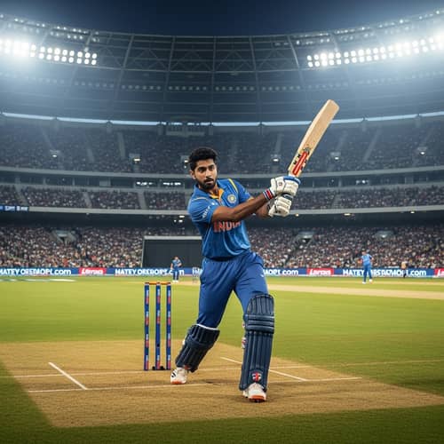 Energetic 22-Year-Old Male Playing Cricket in Grand Stadium