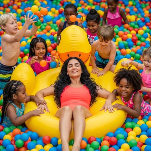 Diverse Ball Pit Fun: Woman Lounging with Children