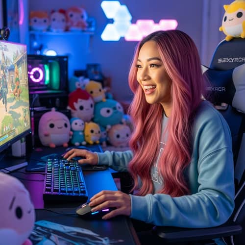 Asian Female Streamer with Pink Hair Playing Video Game