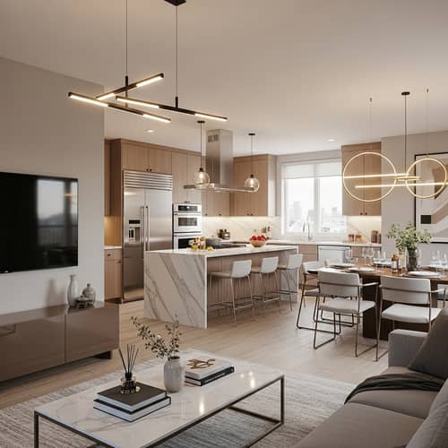 Modern Apartment Living Room with Entertainment Area and Stylish Kitchen