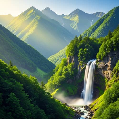 Tranquil Mountain Landscape with Cascading Waterfall