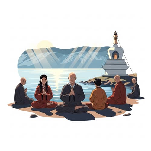 Buddhists Meditating by Lake Baikal with Stupa in Summer