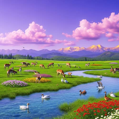 Surreal Landscape with Lavender Sky and Crystal Clear River