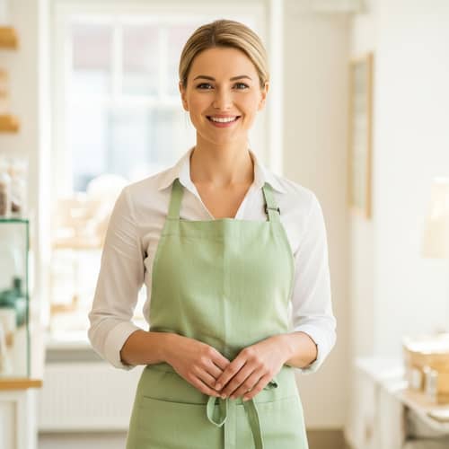Blonde European Salesperson in Green Apron Smiling