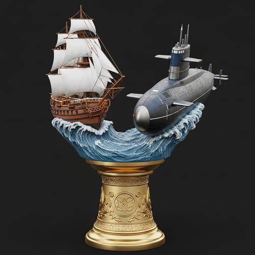 Ship and Submarine Trophy Sculpture - Nautical Battlefield Artwork