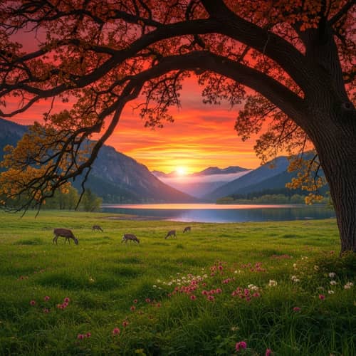Serene Landscape at Sunset: Meadow, Oak Tree, Lake, Mountains