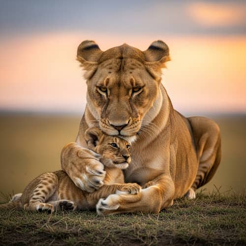 Heartwarming Lioness and Cub Embracing - Family Love Scene