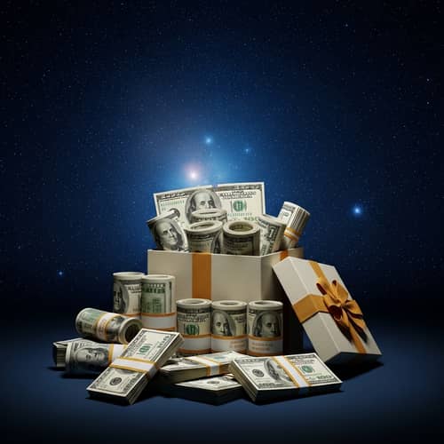Luxurious Gift Box with Money Bundles | Starry Background