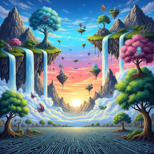 Surrealistic Landscape: Floating Mountains, Mystical Creatures, Digital Art