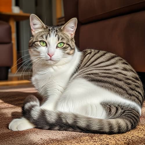 Fluffy Domestic Cat with Bright Green Eyes - White and Grey Stripes