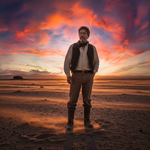 Solitary Man in Vast Barren Landscape at Dusk