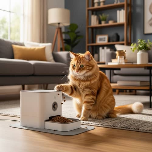 Cat Interacting with Pet Feeder in Living Room