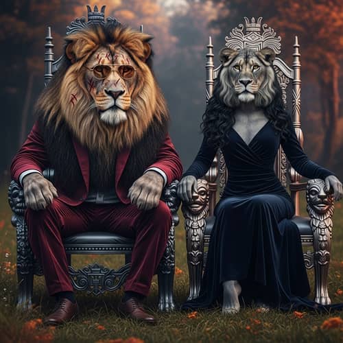 Alpha Lion and Majestic Lioness in Human-Like Attire