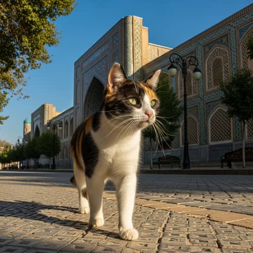 Adorable Tricolor Cat Walking in Tashkent