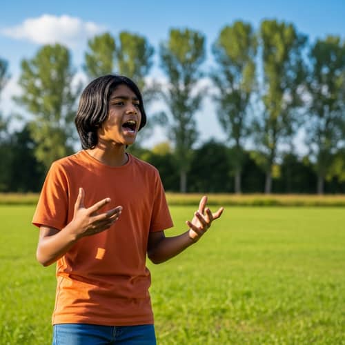 Passionate Young South Asian Boy Outdoors | Bright Orange Shirt, Blue Jeans