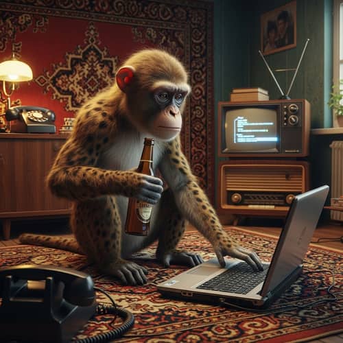 8K Hyper-Realistic Image: Monkey Programming in Soviet-Style Setting
