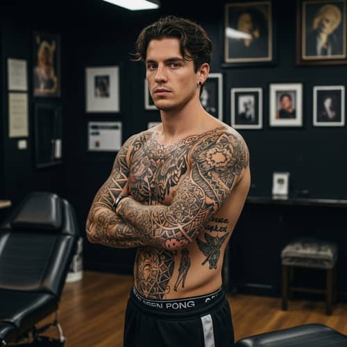 Realistic Shirtless Caucasian Man Tattoo Design | Unique Artwork