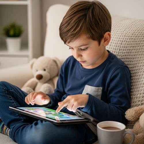 Young Boy Playing with LCD Tablet in Brightly Lit Room