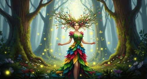 Ethereal Forest Nymph Surrounded by Glowing Fireflies