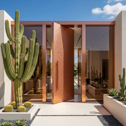 Luxurious Modern Villa Facade with Copper & Glass Pivoting Door in Dubai