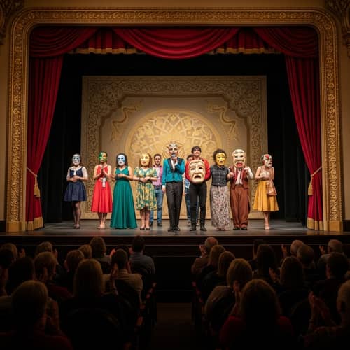 Theatrical Stage with Vibrant Masks and Diverse Performers